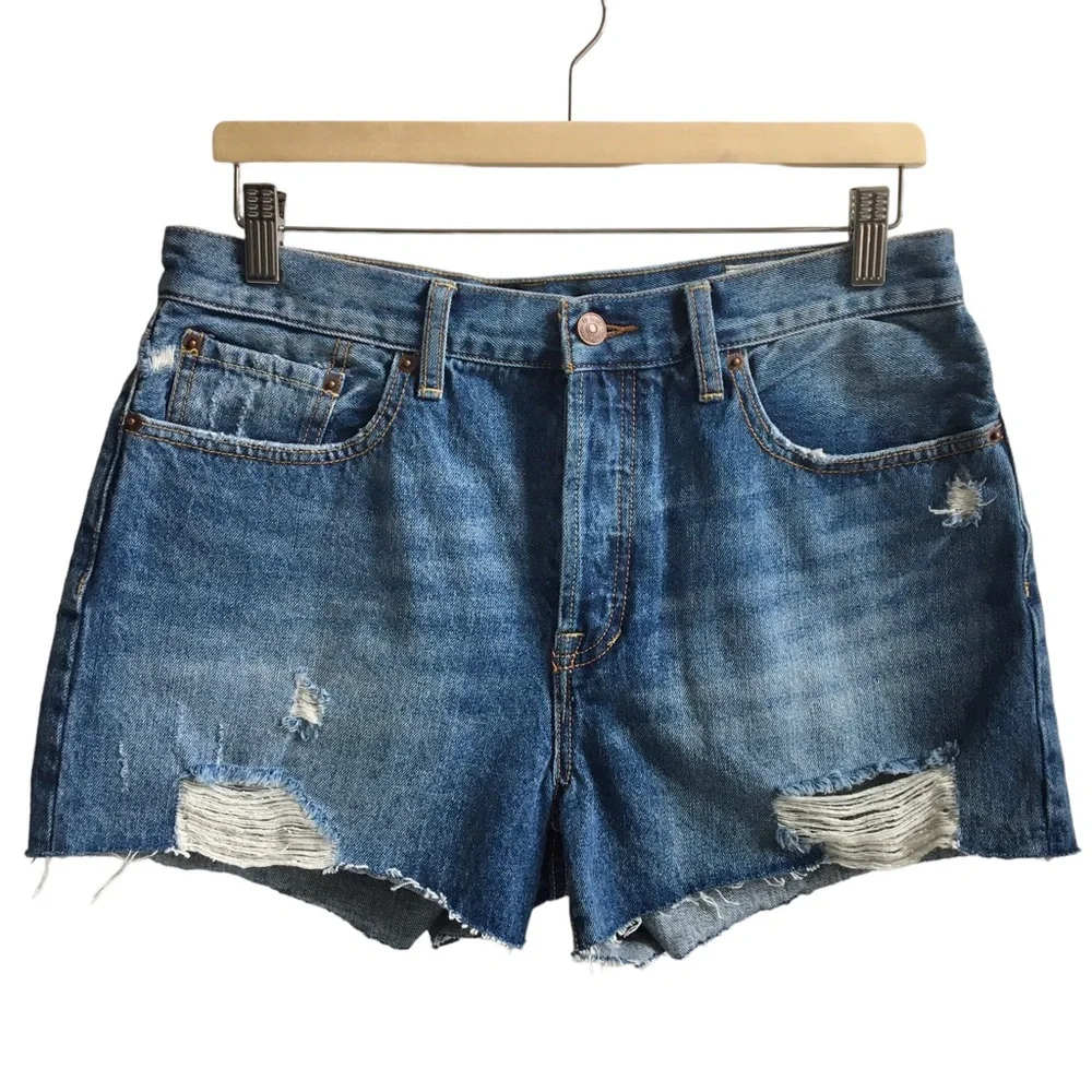 Free People Sophia Mid Rise Distressed Buttonfly Cut Off Denim Jean Shorts 31 - Picture 1 of 15
